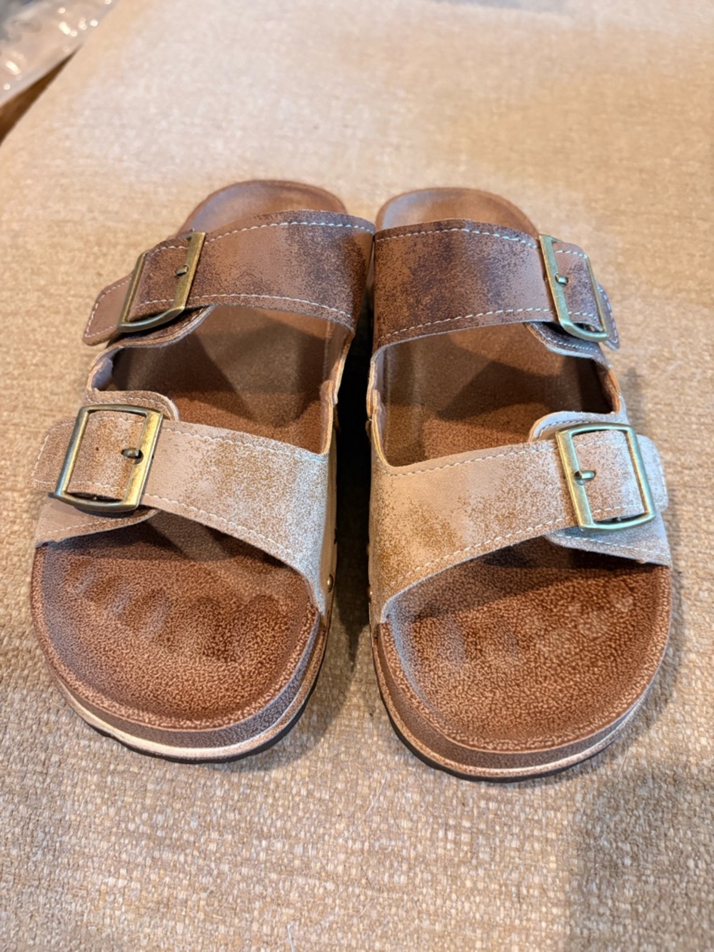 Double Buckle Slide Sandals in Distressed Brown size 39